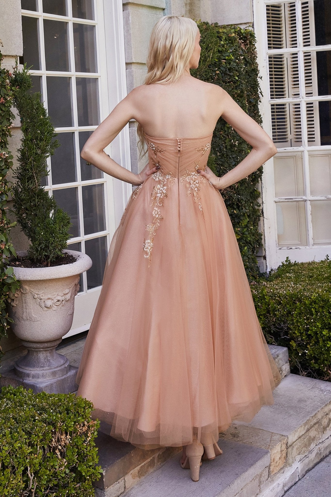 Gorgeous Pleated Lace Appliques Rose Gold Buttefly Tea Gown #A1114