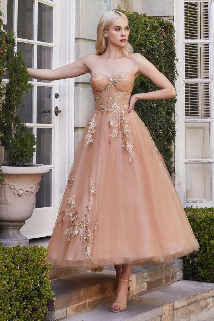 Gorgeous Pleated Lace Appliques Rose Gold Buttefly Tea Gown #A1114