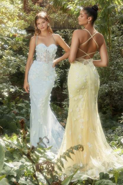 Enchanting Glimmering Tulle Straps Floral Appliques Mermaid Gown #A1115