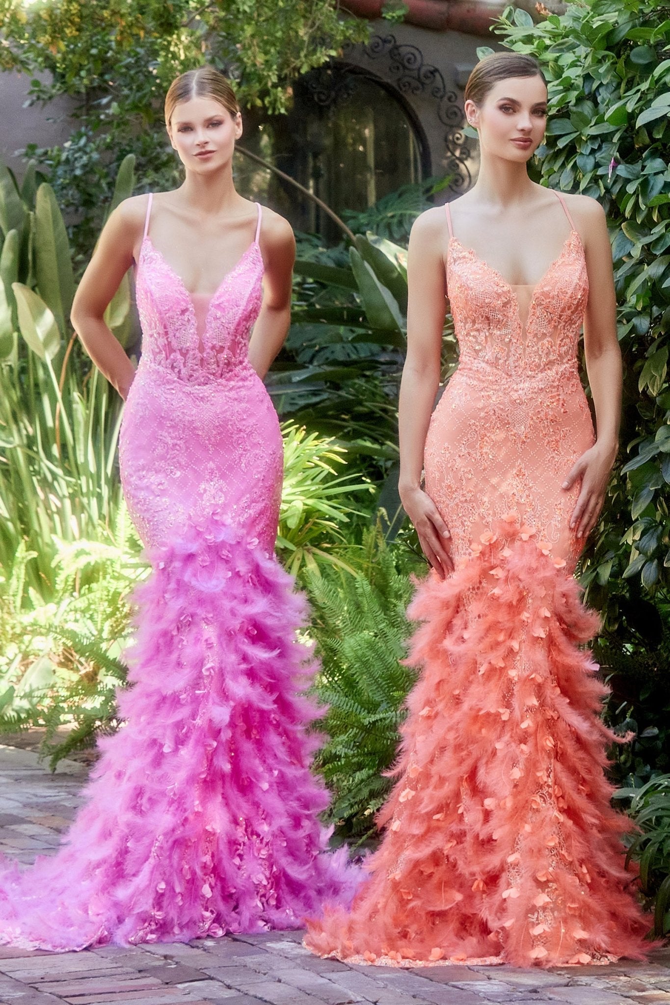 Elegant Floral Beaded Lattice Print Feather Lace Appliques Mermaid Gown #A1116