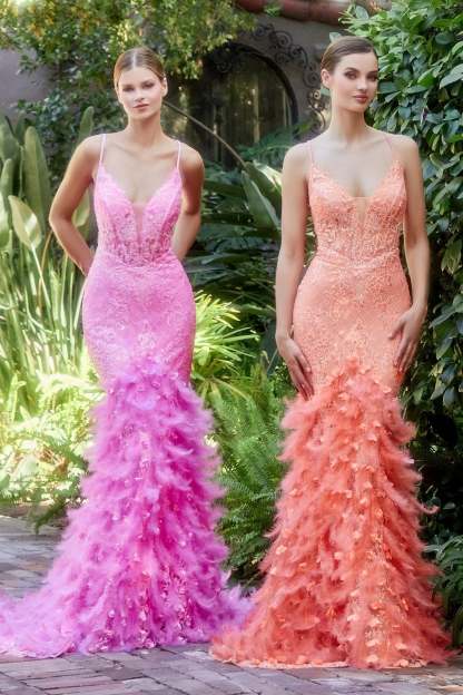 Elegant Floral Beaded Lattice Print Feather Lace Appliques Mermaid Gown #A1116
