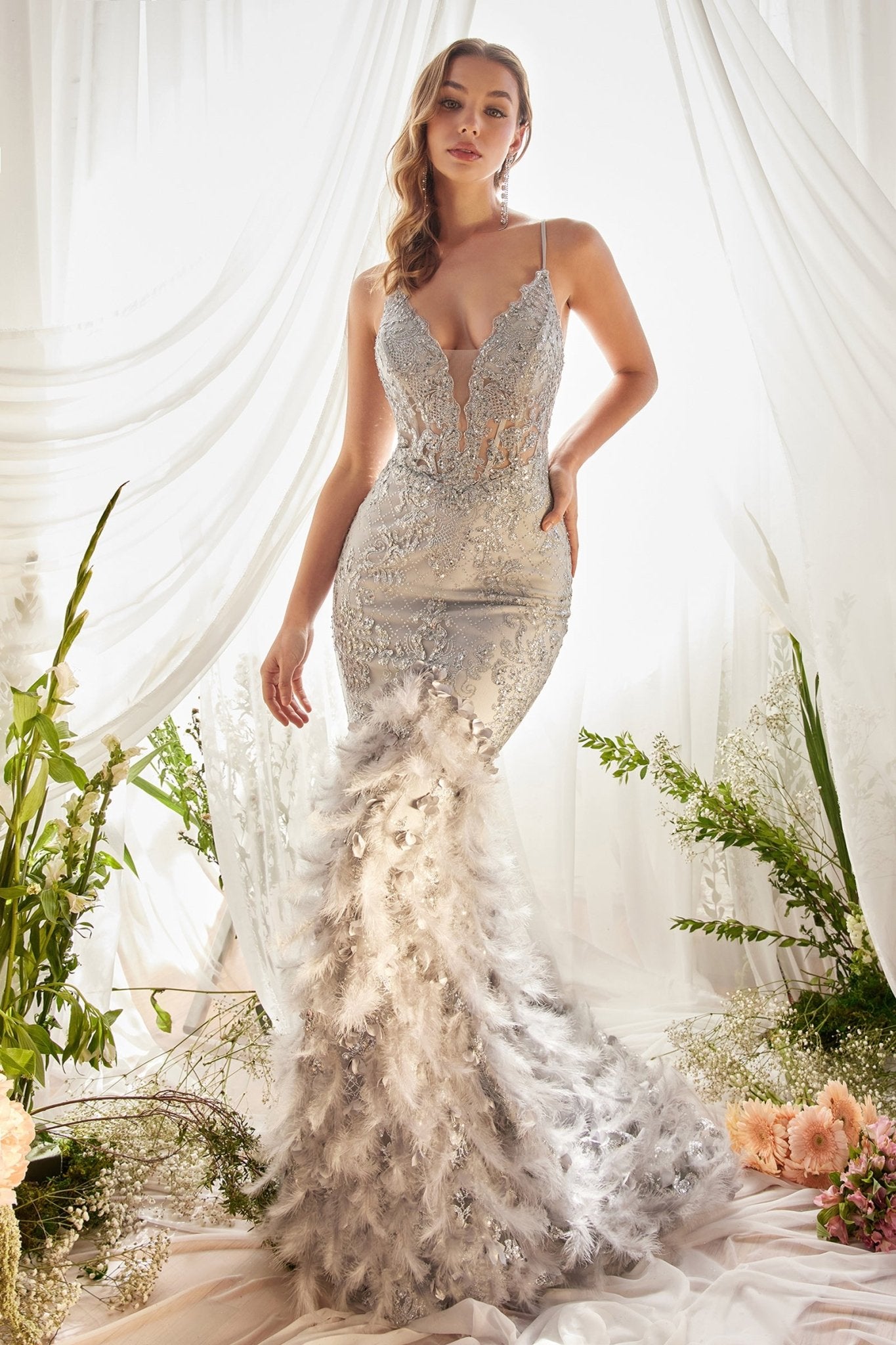 Elegant Floral Beaded Lattice Print Feather Lace Appliques Mermaid Gown #A1116