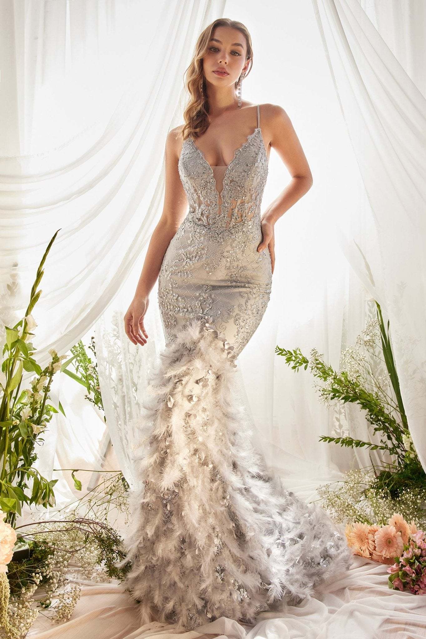 Elegant Floral Beaded Lattice Print Feather Lace Appliques Mermaid Gown #A1116