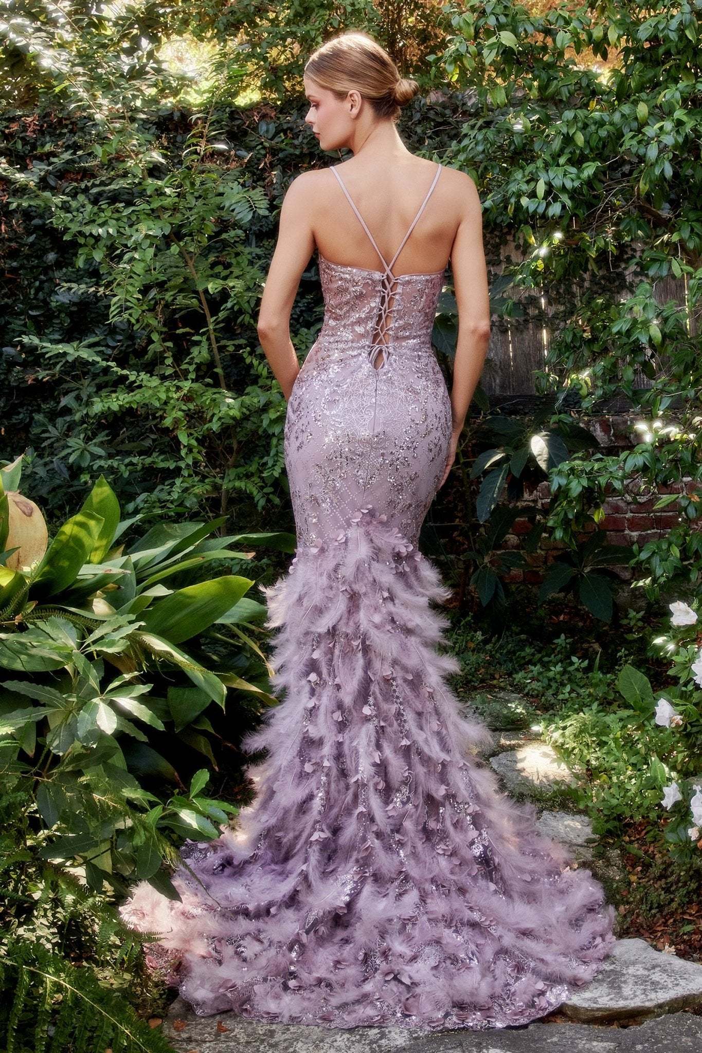 Elegant Floral Beaded Lattice Print Feather Lace Appliques Mermaid Gown #A1116