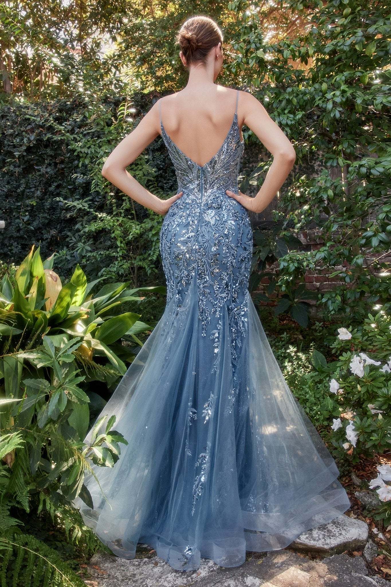 Fitted Plunging V-Neck Sequin Print Layered Tulle Mermaid Gown #A1118