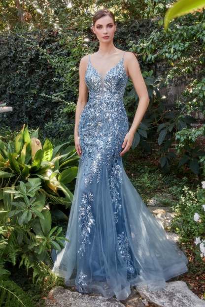 Fitted Plunging V-Neck Sequin Print Layered Tulle Mermaid Gown #A1118