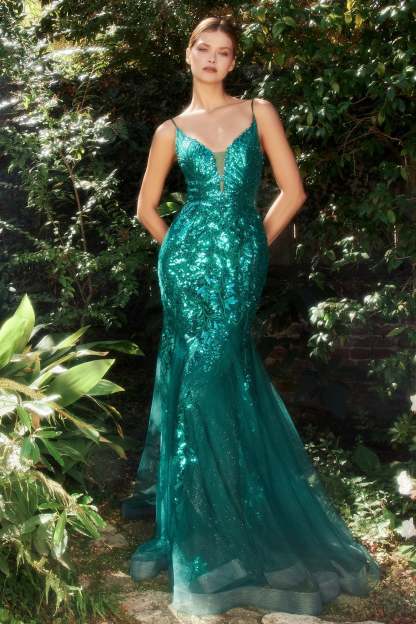 Fitted Plunging V-Neck Sequin Print Layered Tulle Mermaid Gown #A1118