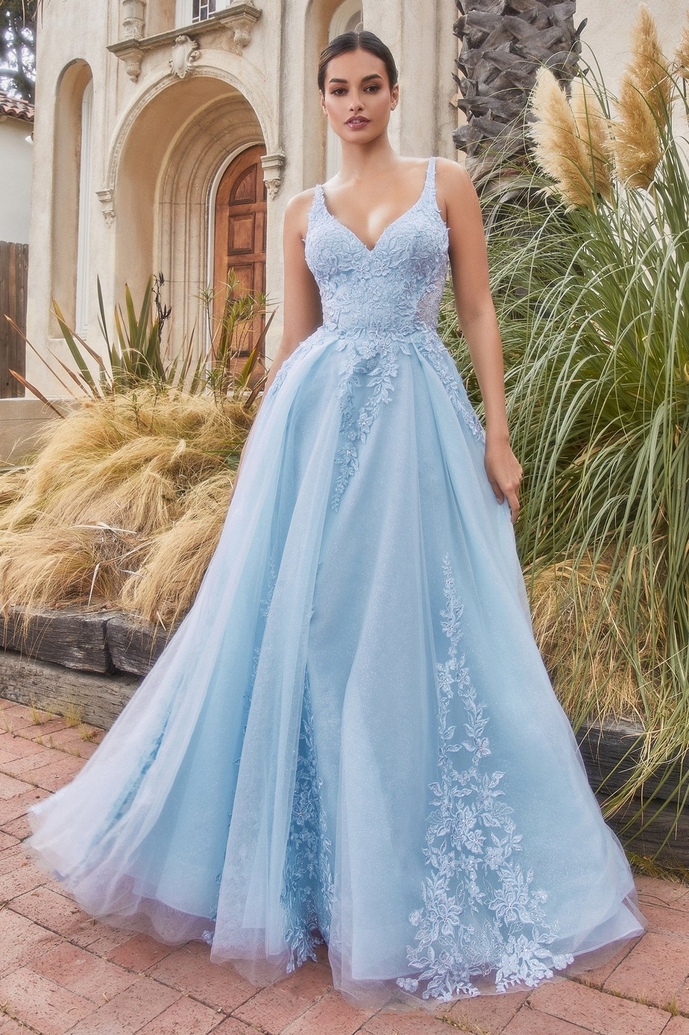 A-Line Deep V-Neck Lace Appliques Layers Tulle Keyhole Back Gown #A1125