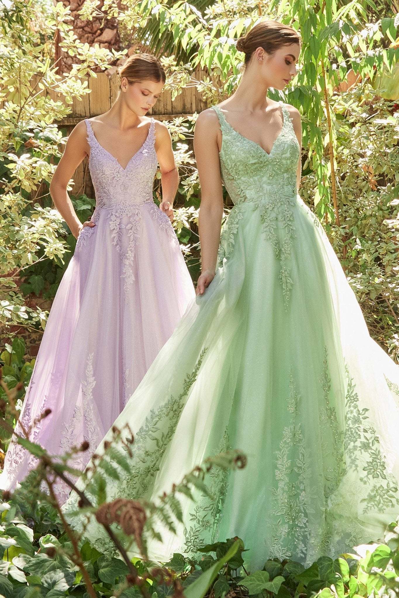 A-Line Deep V-Neck Lace Appliques Layers Tulle Keyhole Back Gown #A1125