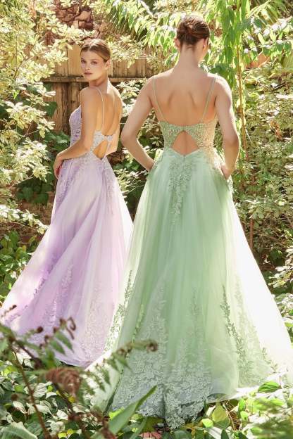 A-Line Deep V-Neck Lace Appliques Layers Tulle Keyhole Back Gown #A1125
