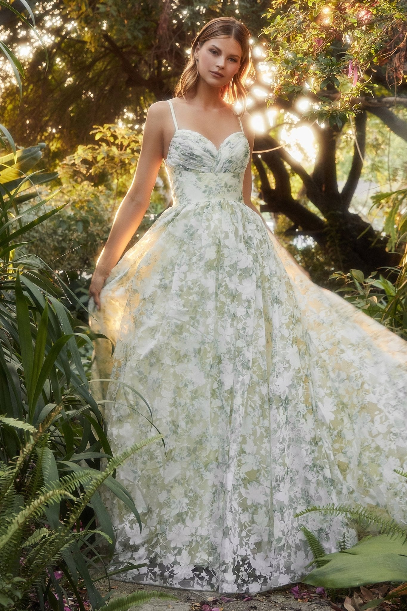 A-Line Pleated Sweetheart Neckline Thin Straps Floral Print Gown #A1132