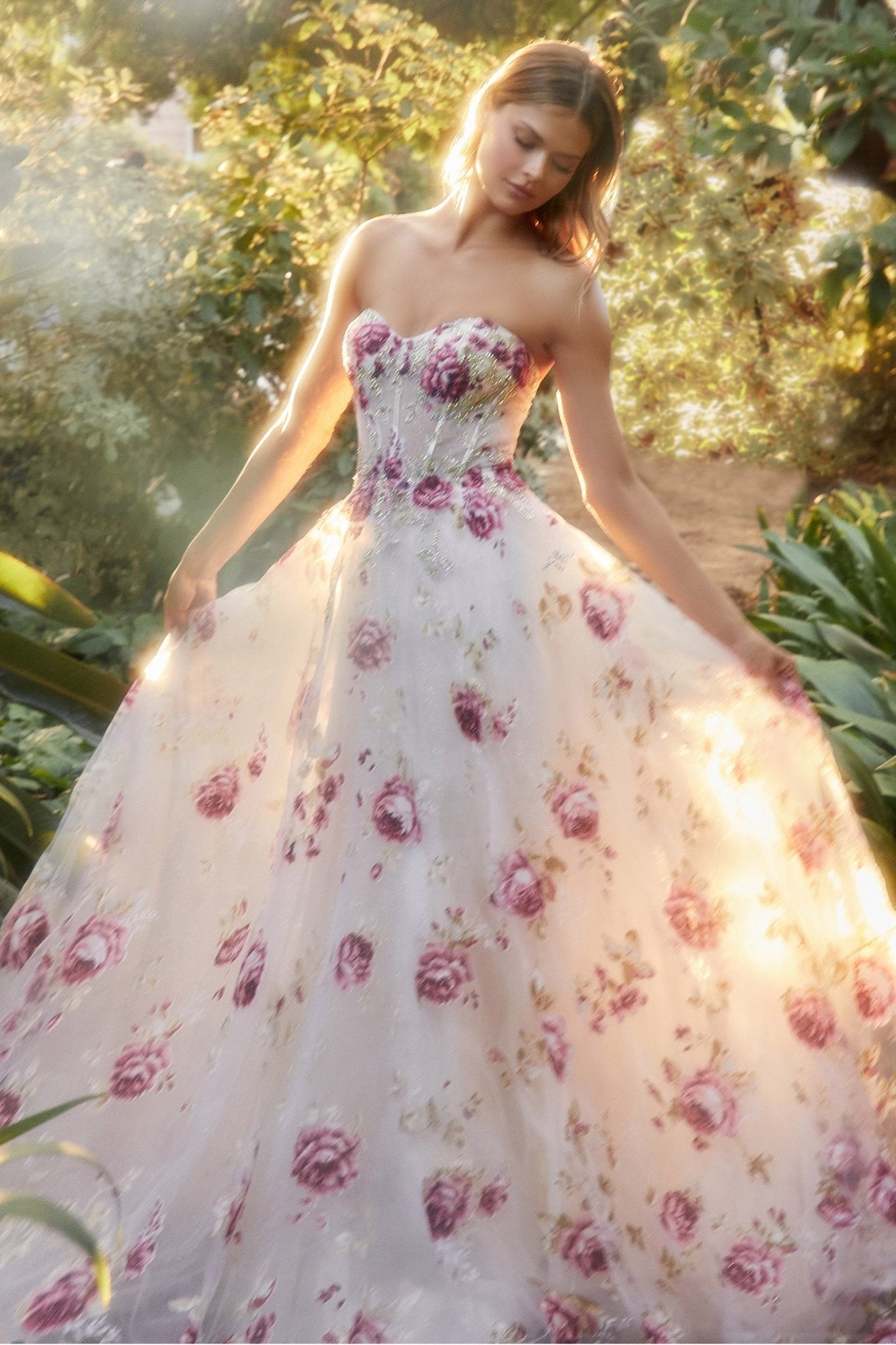 Romantic Strapless Organza Peony Print Ball Gown #A1133