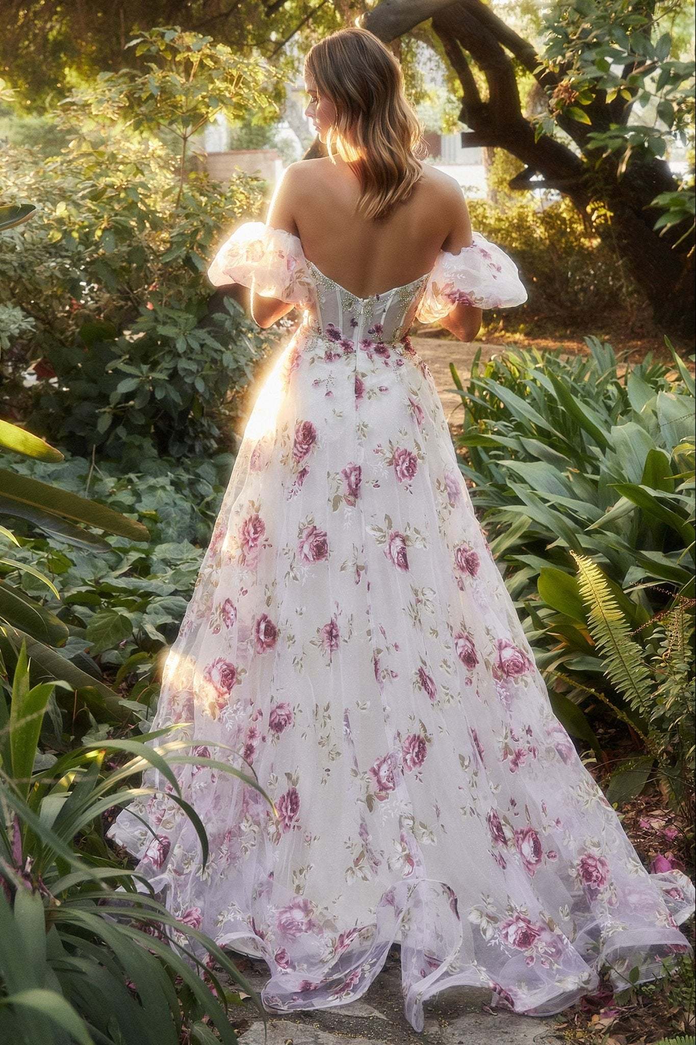 Romantic Strapless Organza Peony Print Ball Gown #A1133
