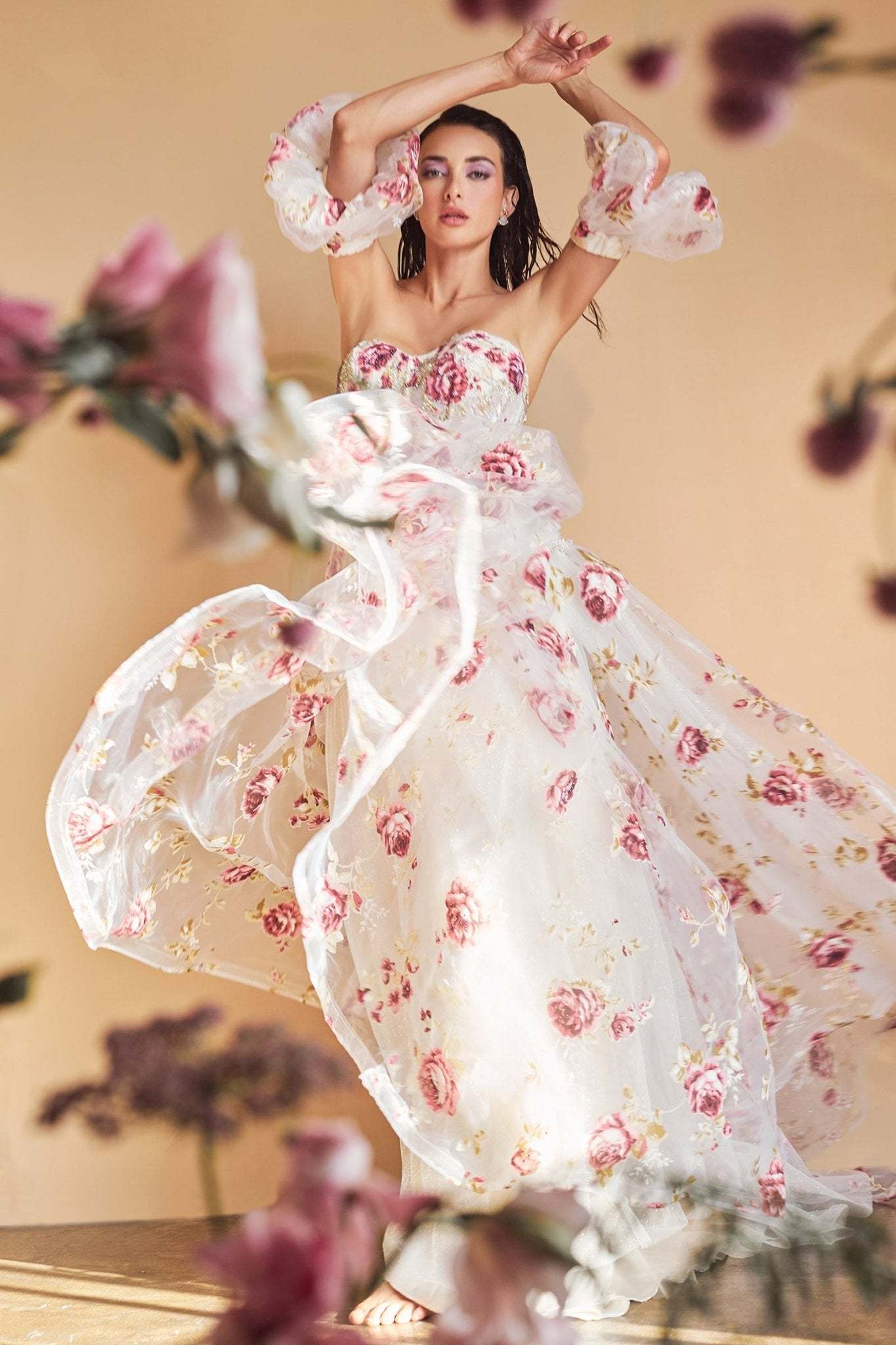 Romantic Strapless Organza Peony Print Ball Gown #A1133