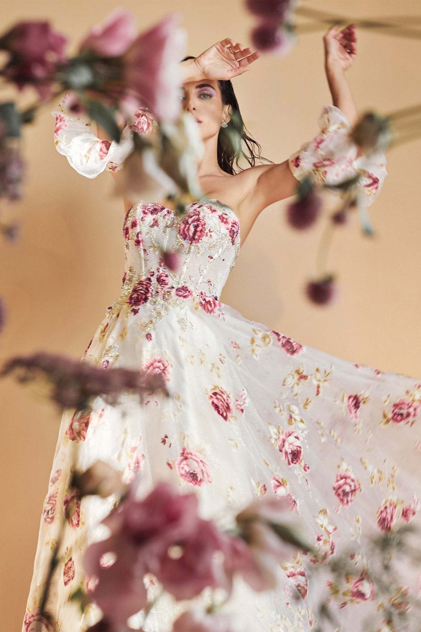 Romantic Strapless Organza Peony Print Ball Gown #A1133