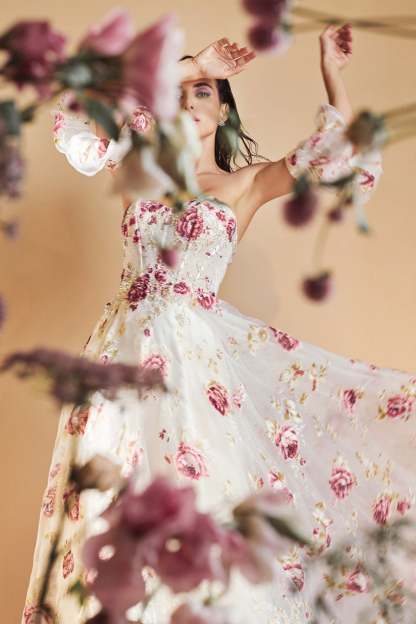 Romantic Strapless Organza Peony Print Ball Gown #A1133