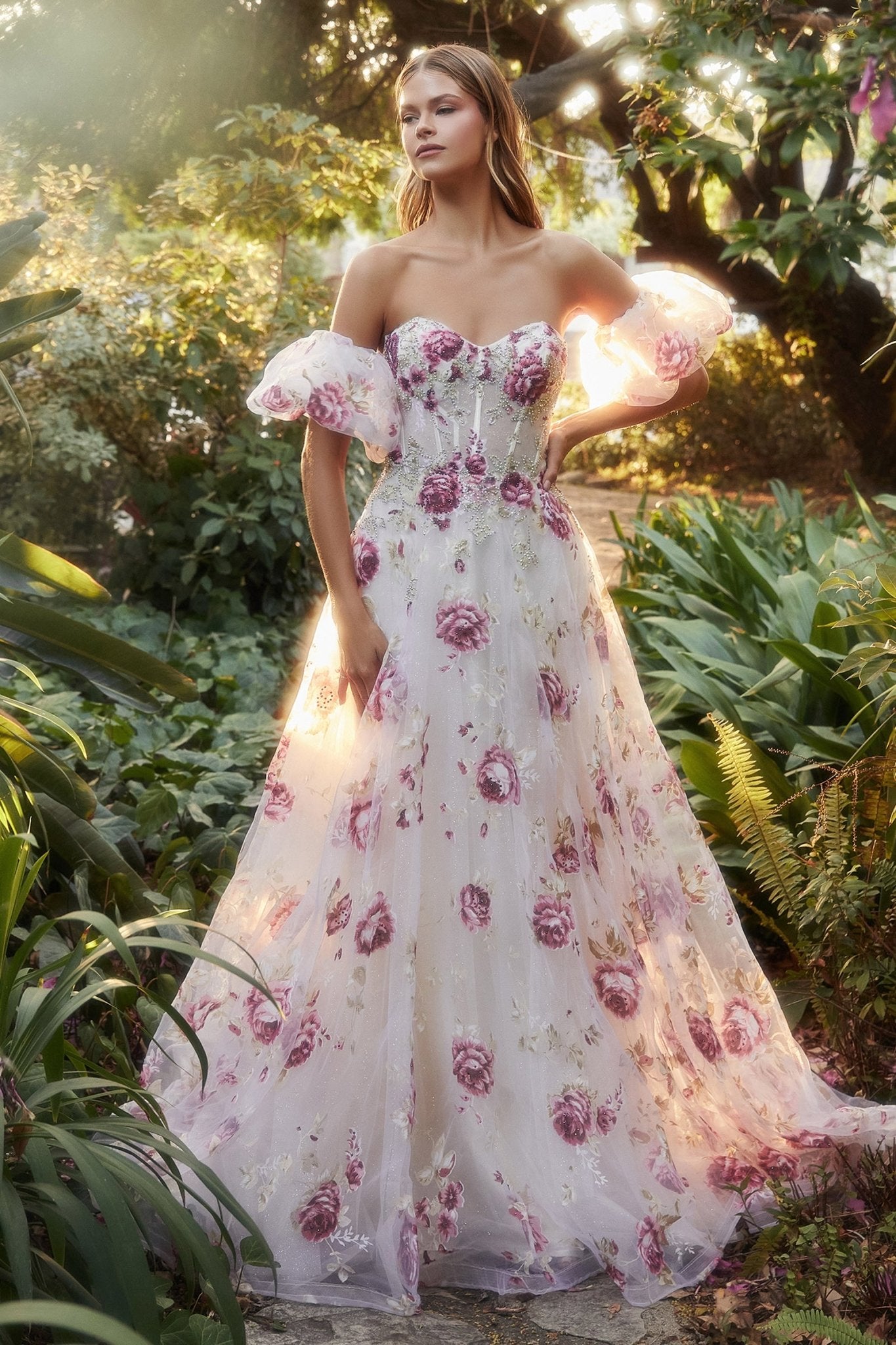 Romantic Strapless Organza Peony Print Ball Gown #A1133