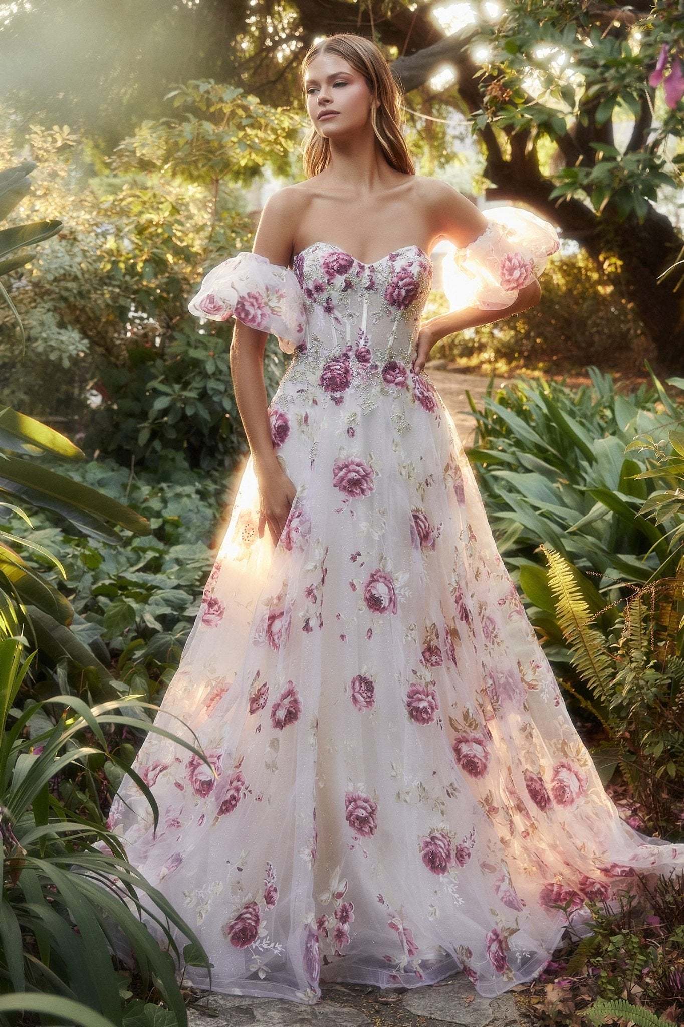 Romantic Strapless Organza Peony Print Ball Gown #A1133
