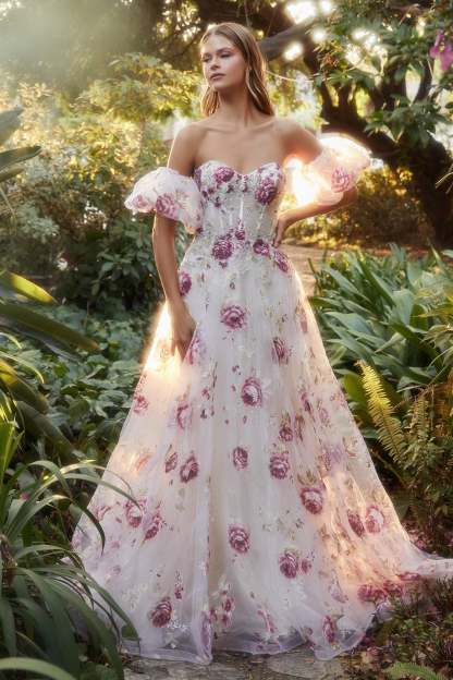 Romantic Strapless Organza Peony Print Ball Gown #A1133