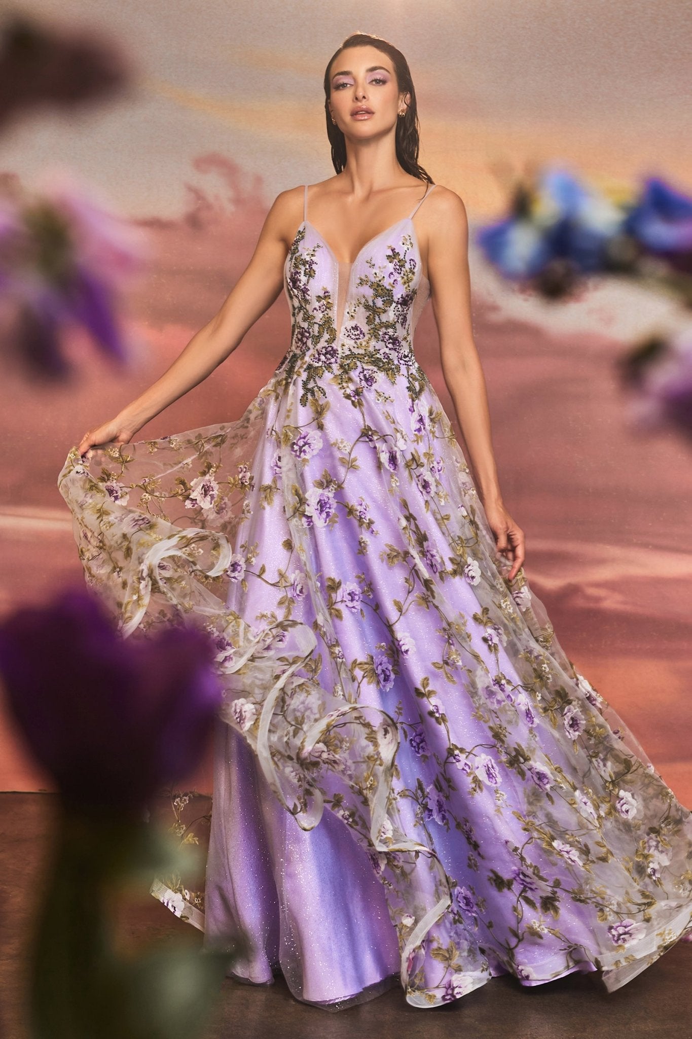 Exquisite A-Line Plunging V-Neck Floral Organza Printed Gown #A1135