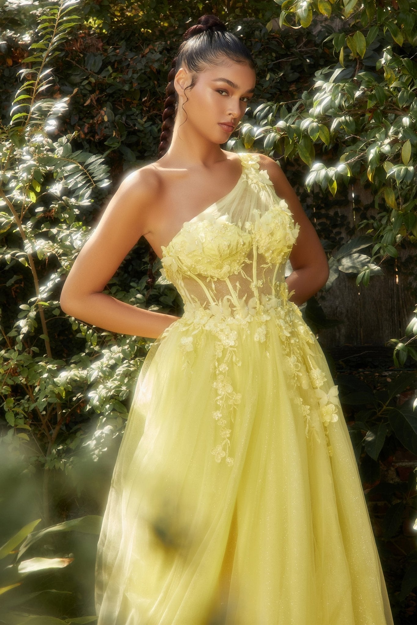 Stunning A-Line One Shoulder Lace Butterfly Appliques Tulle Gown #A1140