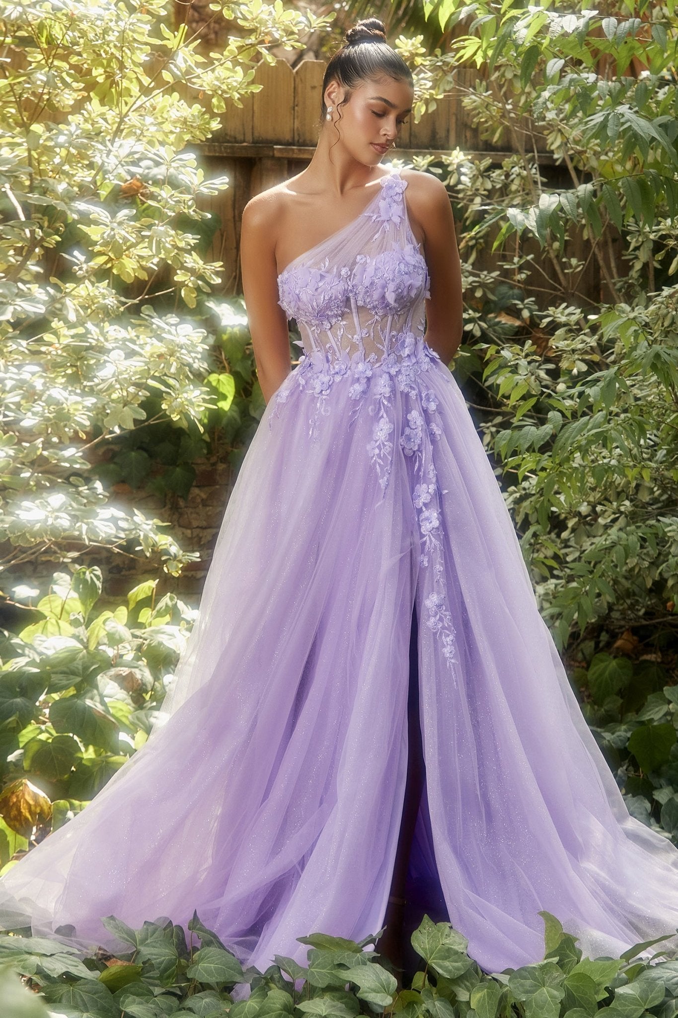Stunning A-Line One Shoulder Lace Butterfly Appliques Tulle Gown #A1140