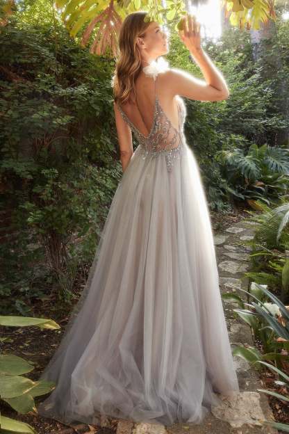 Deep Plunging V-Neck Layers Tulle Organza Flowers Appliques Gown #A1144