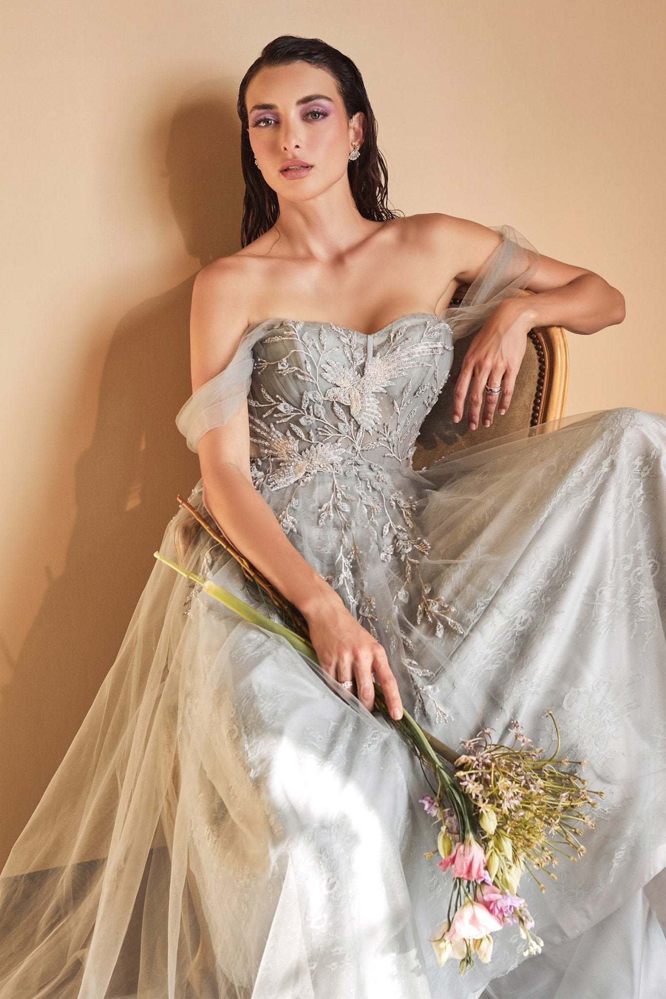 Romance A-Line Lace Skirt Off The Shoulder Birds Gown #A1149