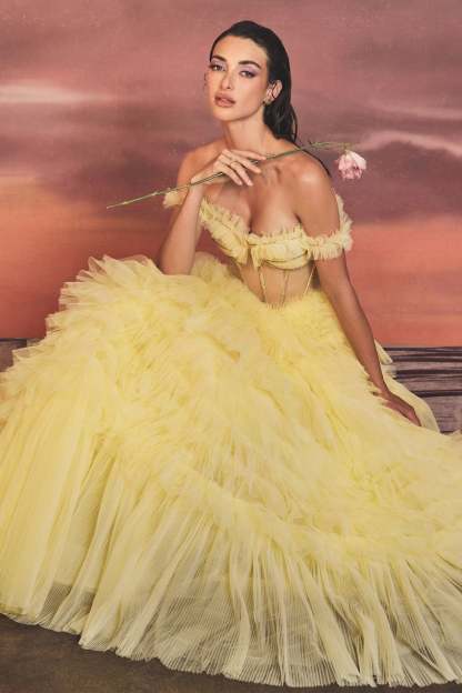 Gorgeous Rhinestone Ornate Corset Pleated Ruffle Gown #A1150