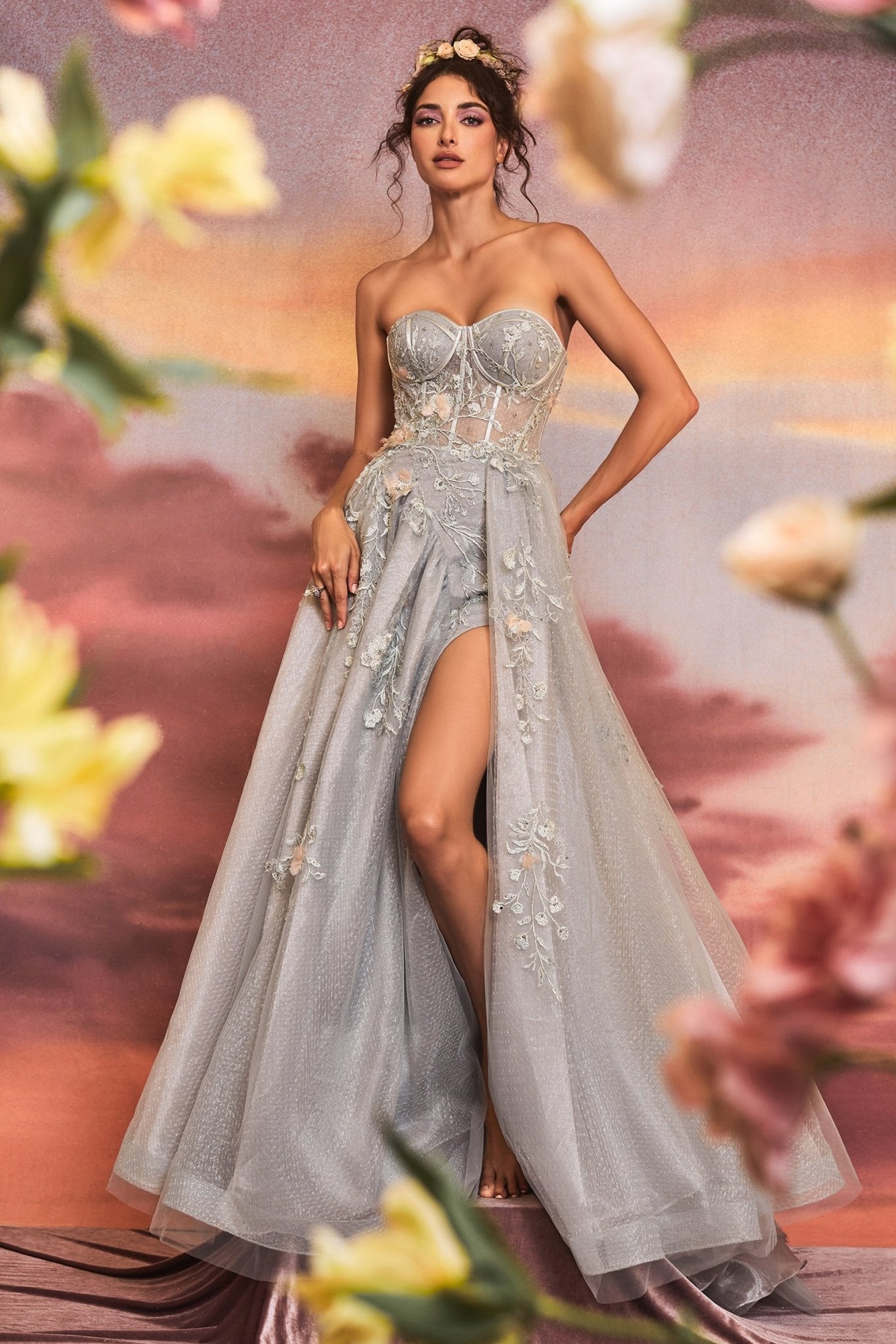 Exquisite A-Line Strapless Asymmetrical Tulle Sash Gown #A1153