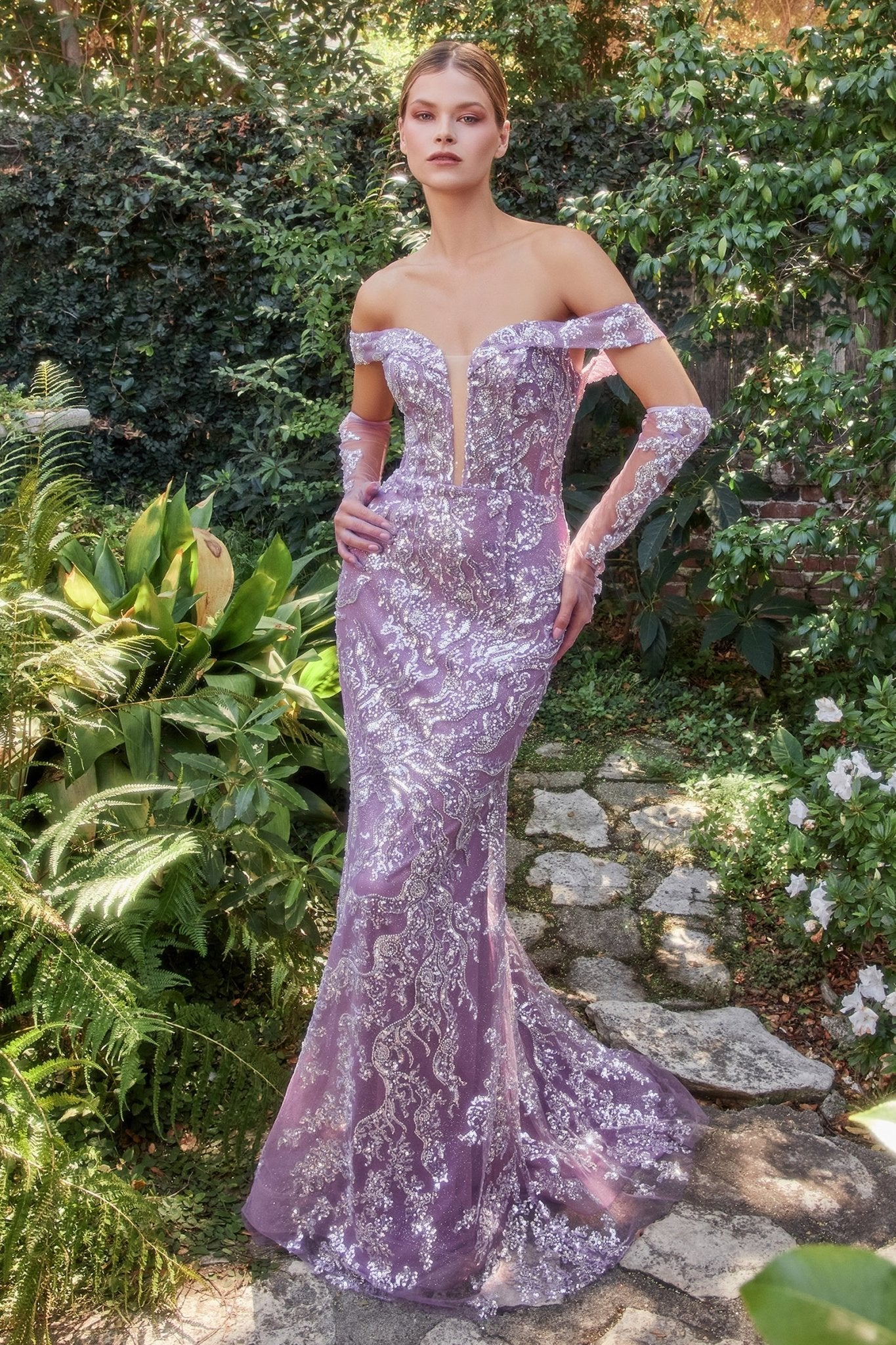 Exquisitely Off-The-Shoulder Plunging Sheer Neckline Tulle Mermaid Gown #A1163