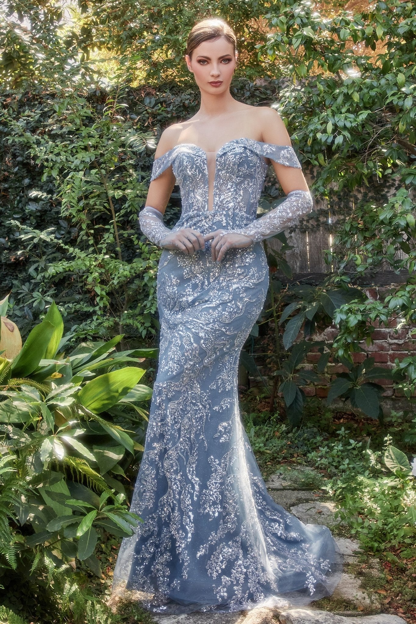 Exquisitely Off-The-Shoulder Plunging Sheer Neckline Tulle Mermaid Gown #A1163