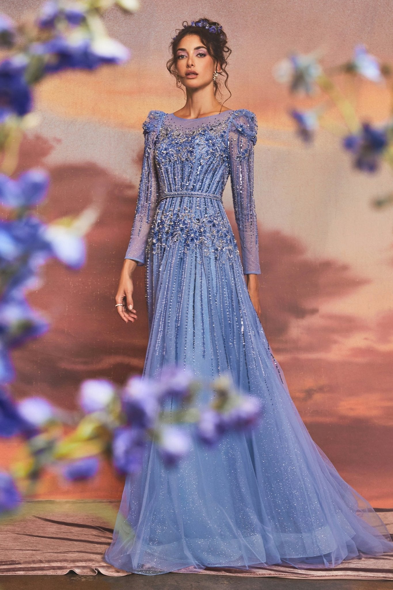 Exquisite Azurite Beading Embellished Layered Glitter Tulle Gown #A1167