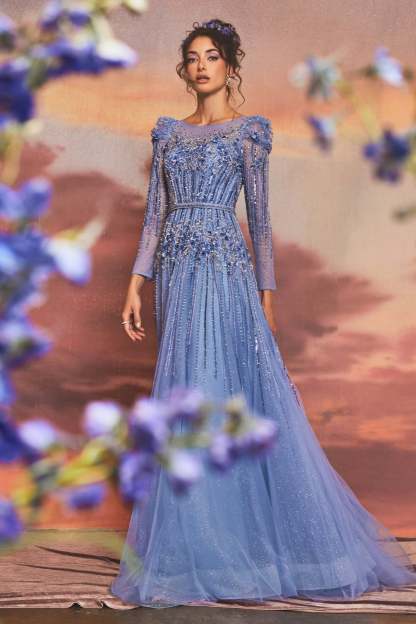 Exquisite Azurite Beading Embellished Layered Glitter Tulle Gown #A1167