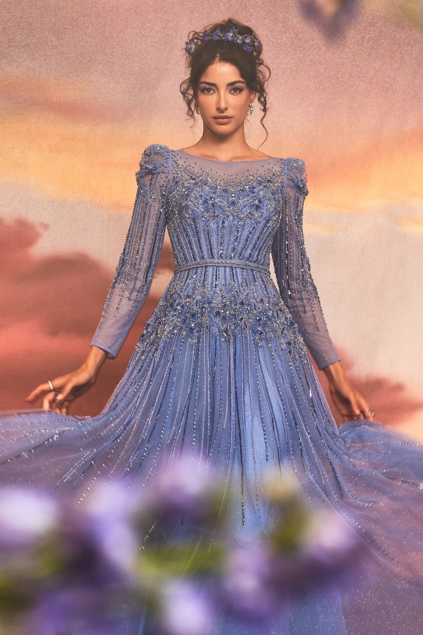 Exquisite Azurite Beading Embellished Layered Glitter Tulle Gown #A1167