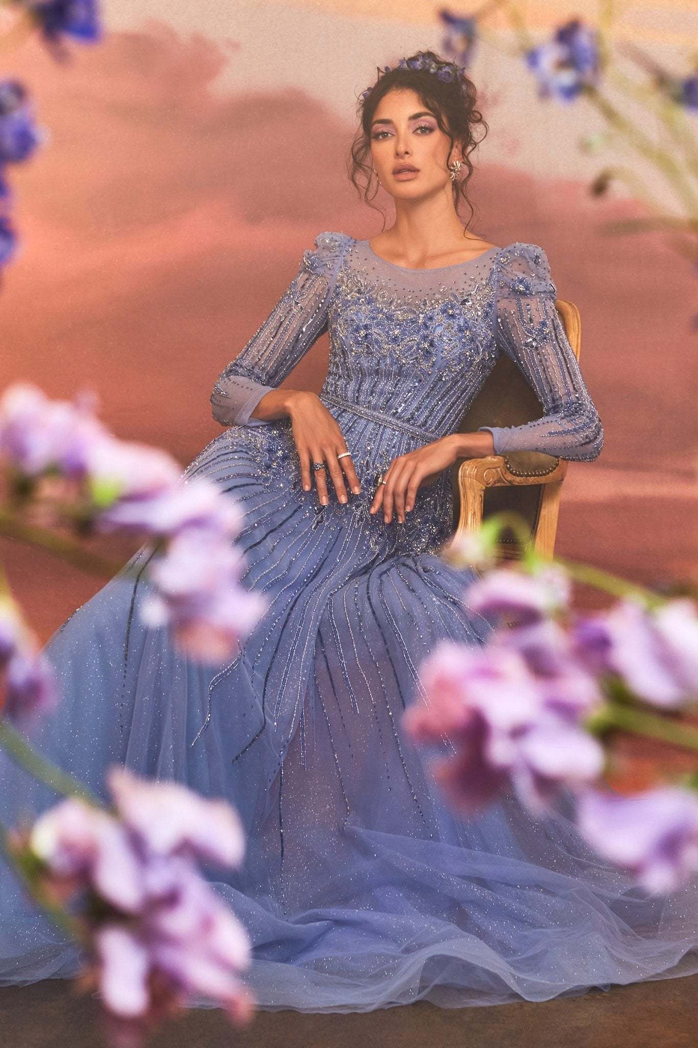 Exquisite Azurite Beading Embellished Layered Glitter Tulle Gown #A1167