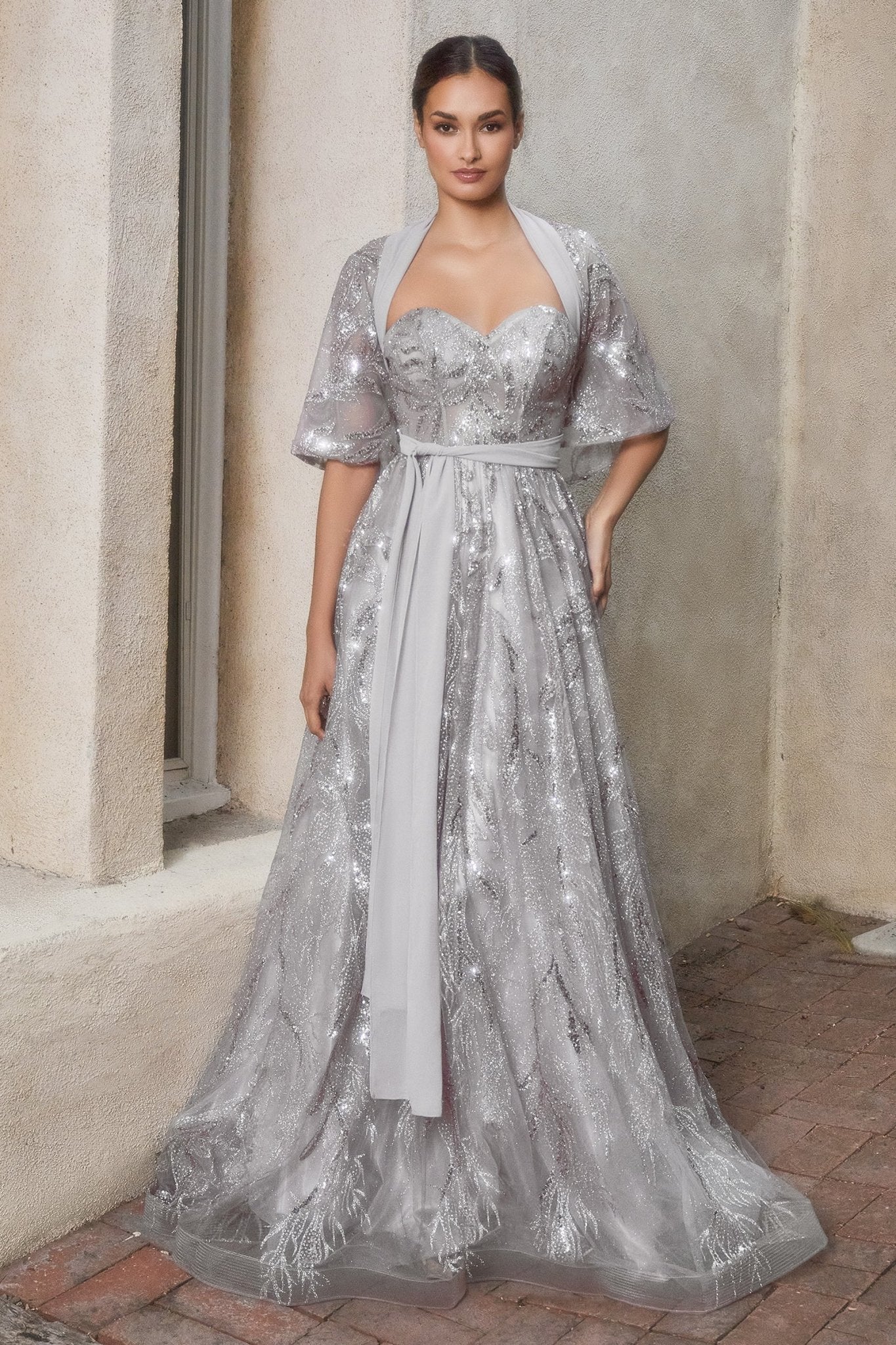 Classic Strapless Leaf Motif Layered Tulle Ball Gown W Matching Shawl #A1174