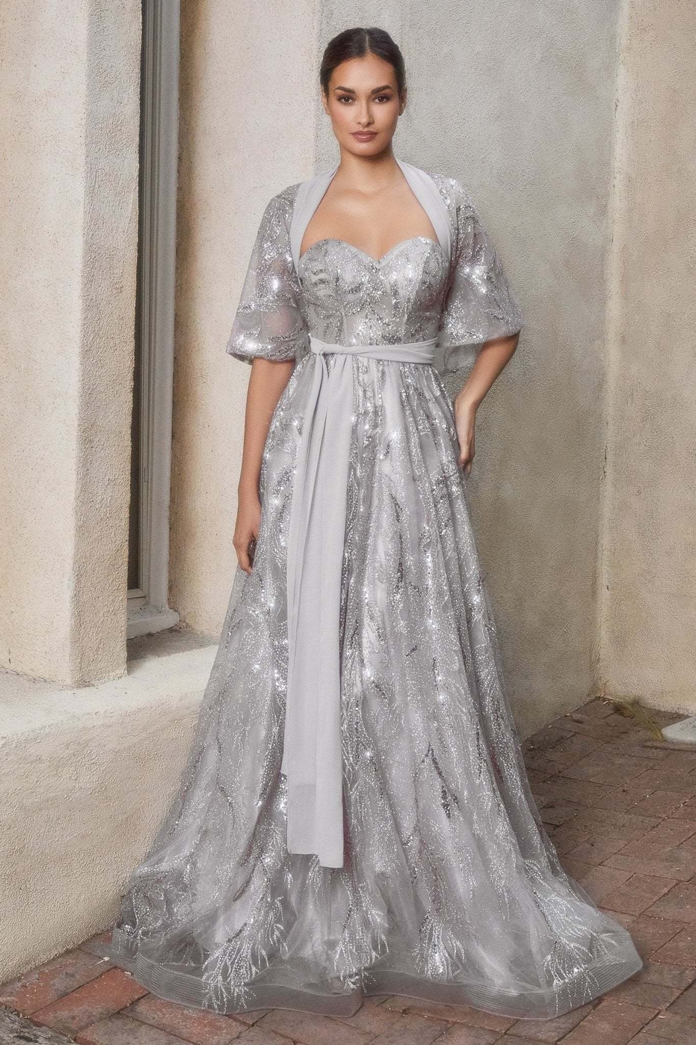 Classic Strapless Leaf Motif Layered Tulle Ball Gown W Matching Shawl #A1174