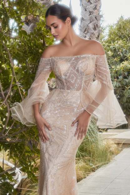 Stunning Fitted Off The Shoulder Layered Flounce Sleeves Gown #A1175