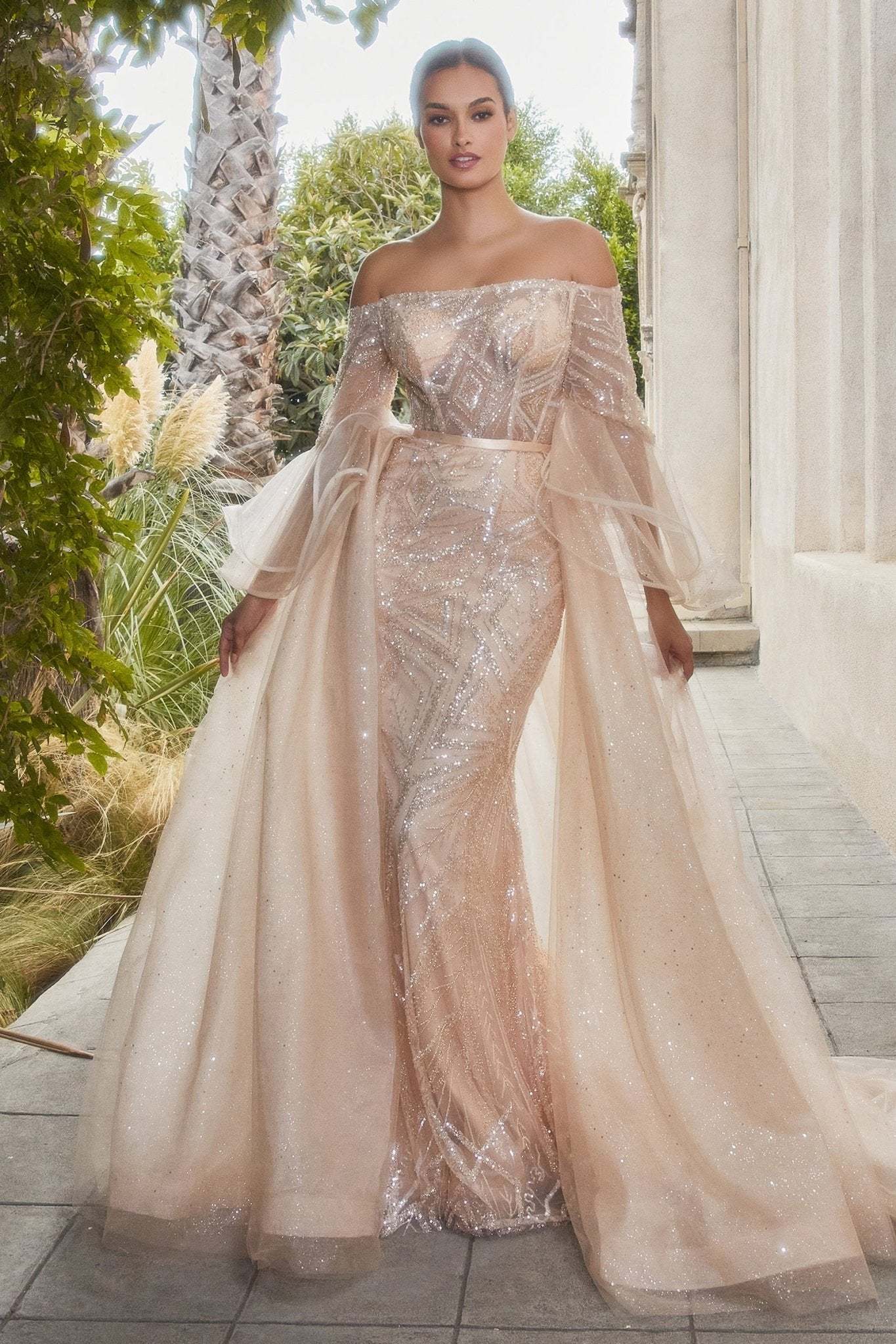 Stunning Fitted Off The Shoulder Layered Flounce Sleeves Gown #A1175