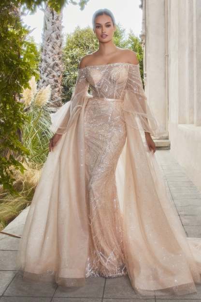 Stunning Fitted Off The Shoulder Layered Flounce Sleeves Gown #A1175