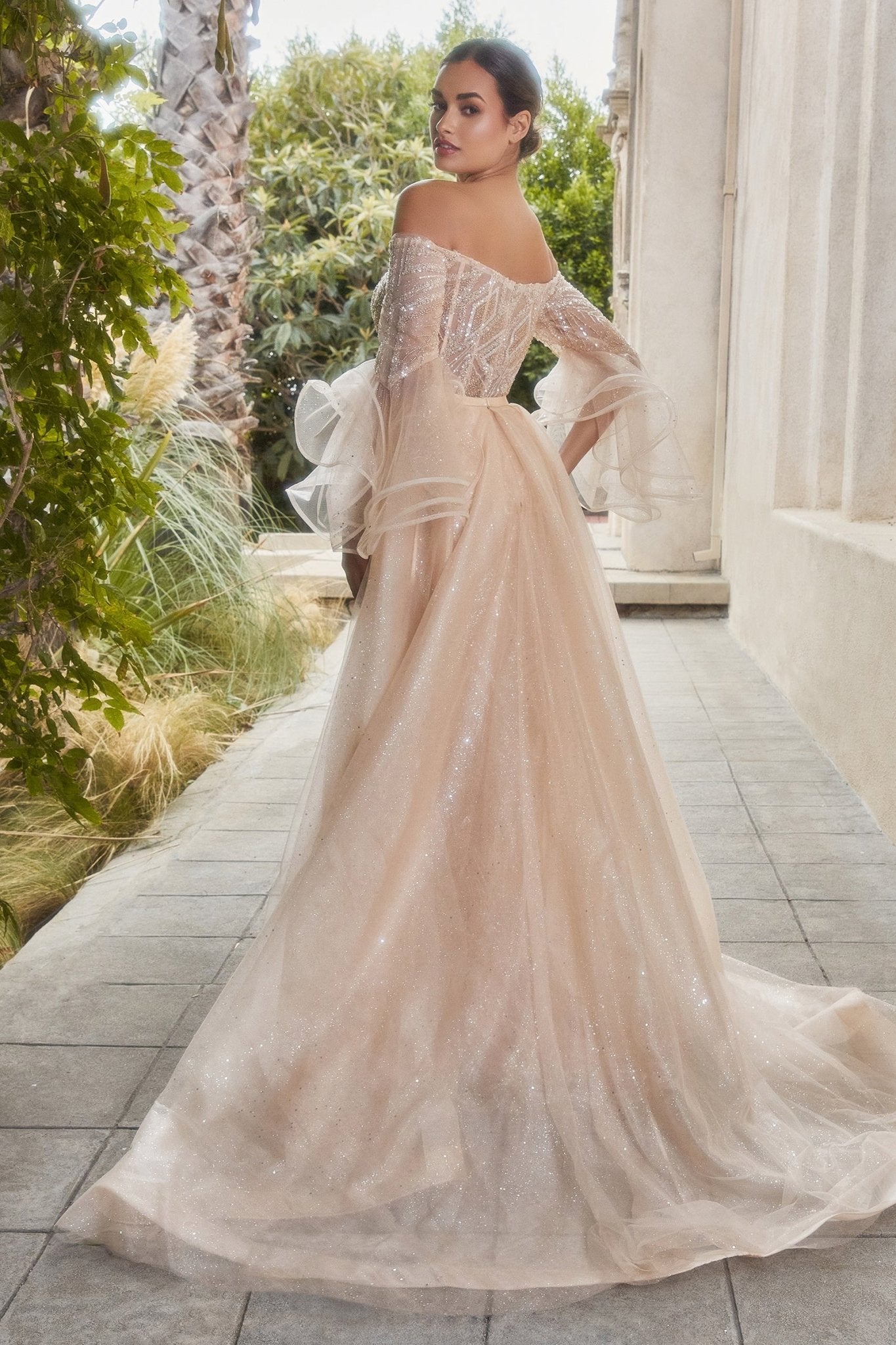 Stunning Fitted Off The Shoulder Layered Flounce Sleeves Gown #A1175