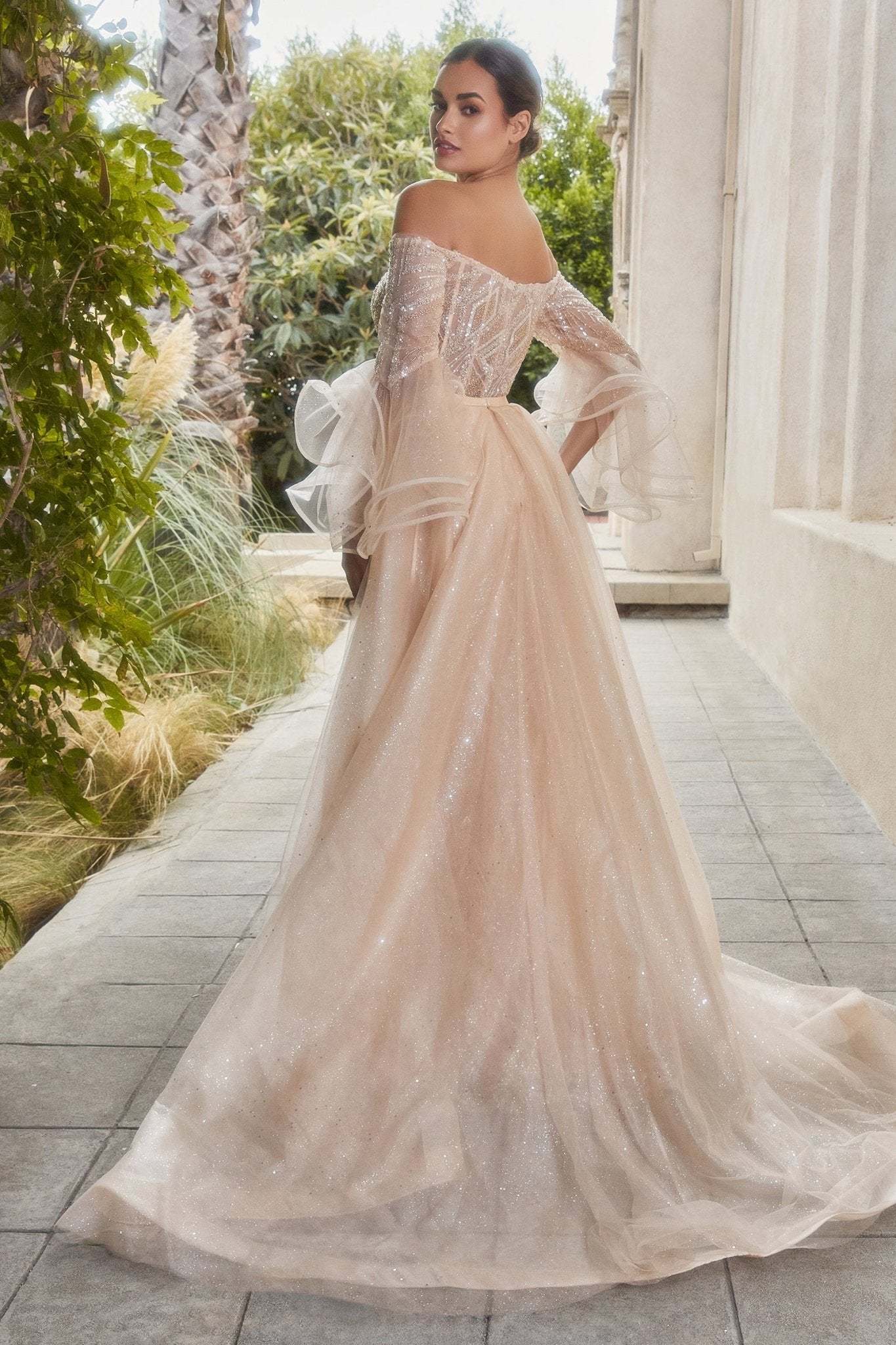 Stunning Fitted Off The Shoulder Layered Flounce Sleeves Gown #A1175