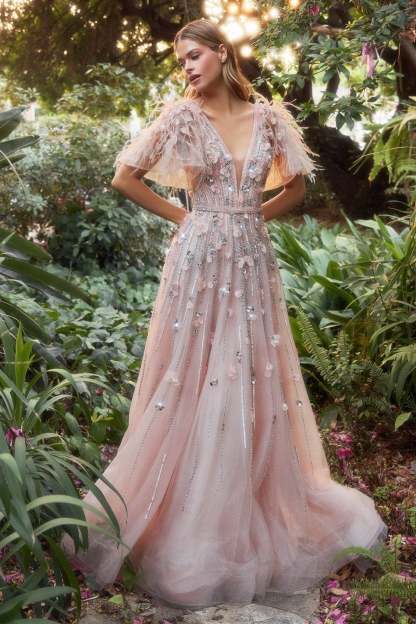 Classic A-Line Deep Plunging V-Neck Tulle Layered Petal Gown #A1176