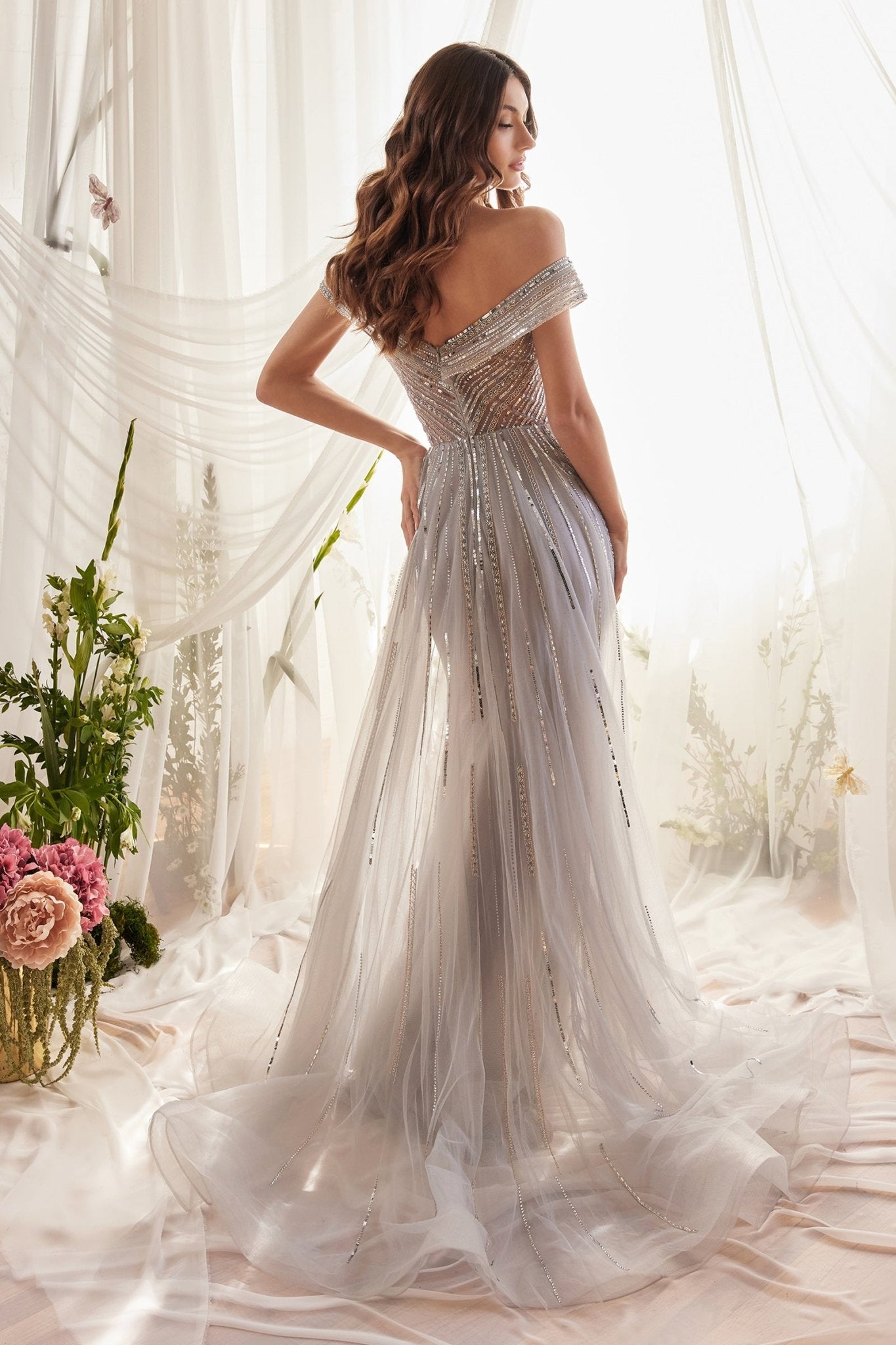 Luxurious Off-The-Shoulder Silver Siren Beaded Tulle Gown #A1182