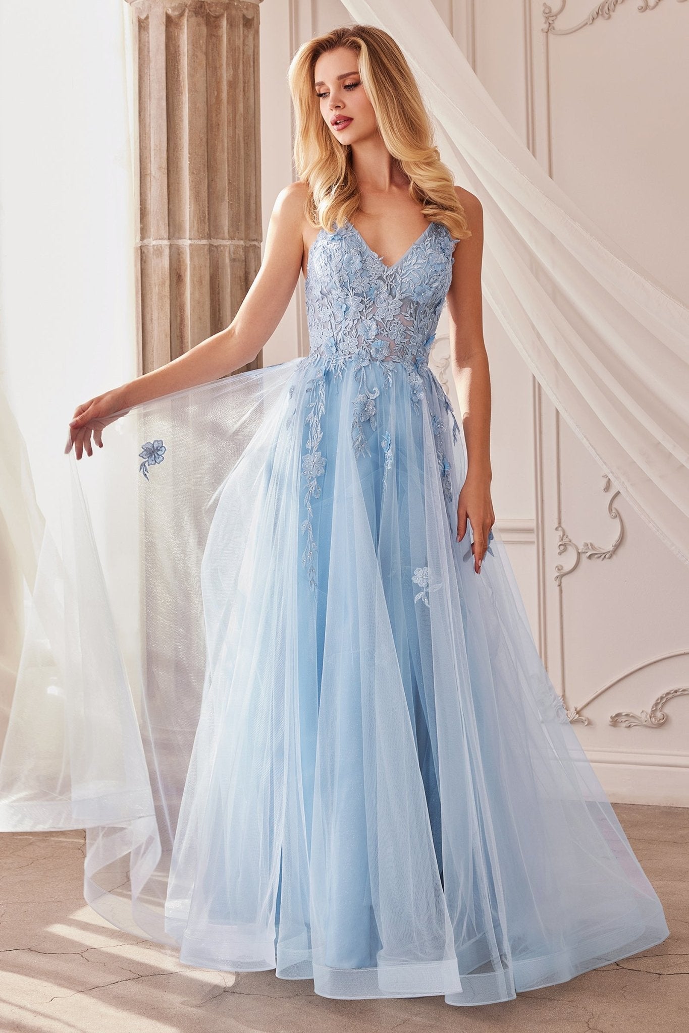 Stunning A-Line V-Neck Thin Straps Lace 3D Floral Applique Gown #A1191