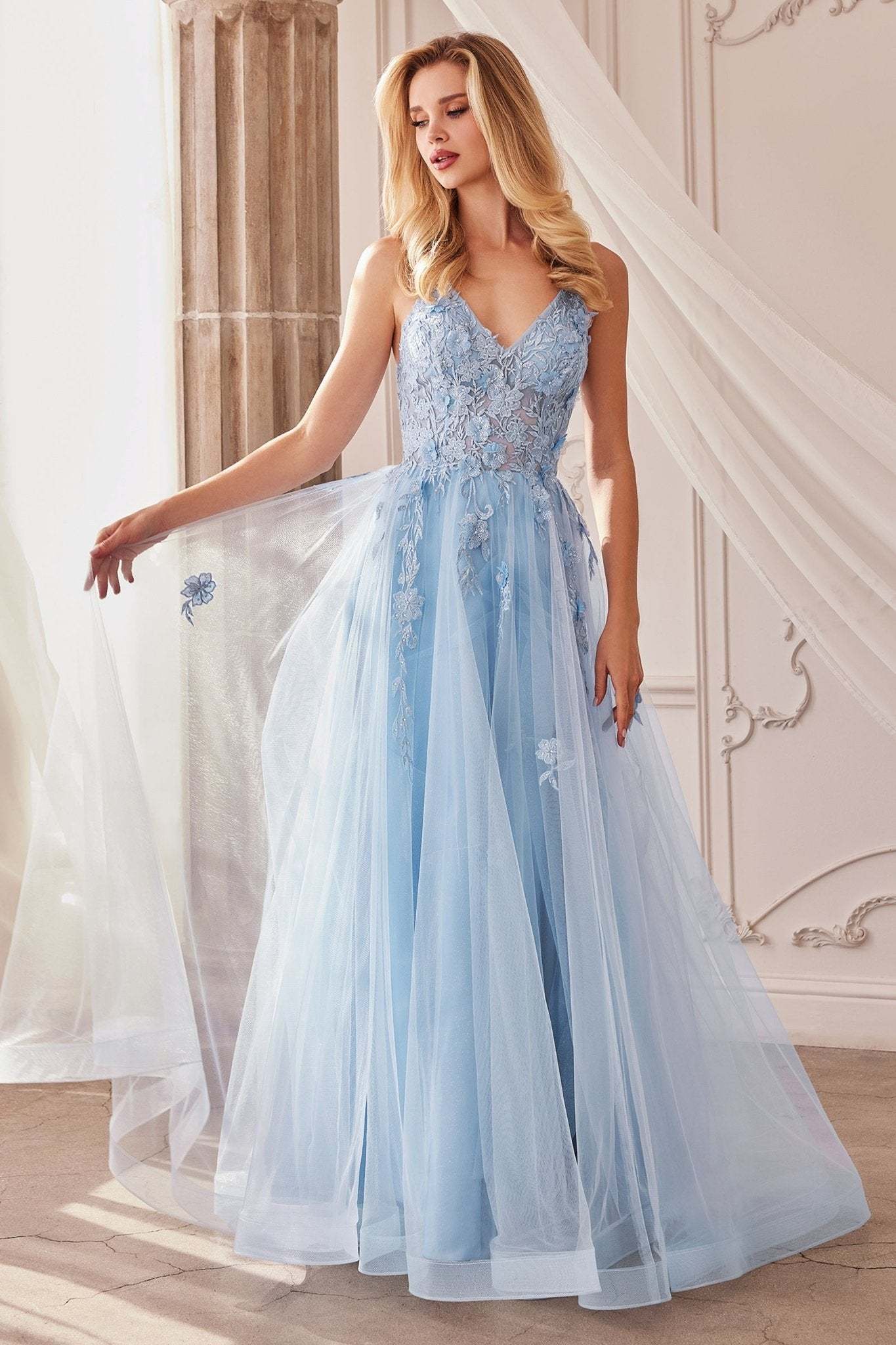 Stunning A-Line V-Neck Thin Straps Lace 3D Floral Applique Gown #A1191