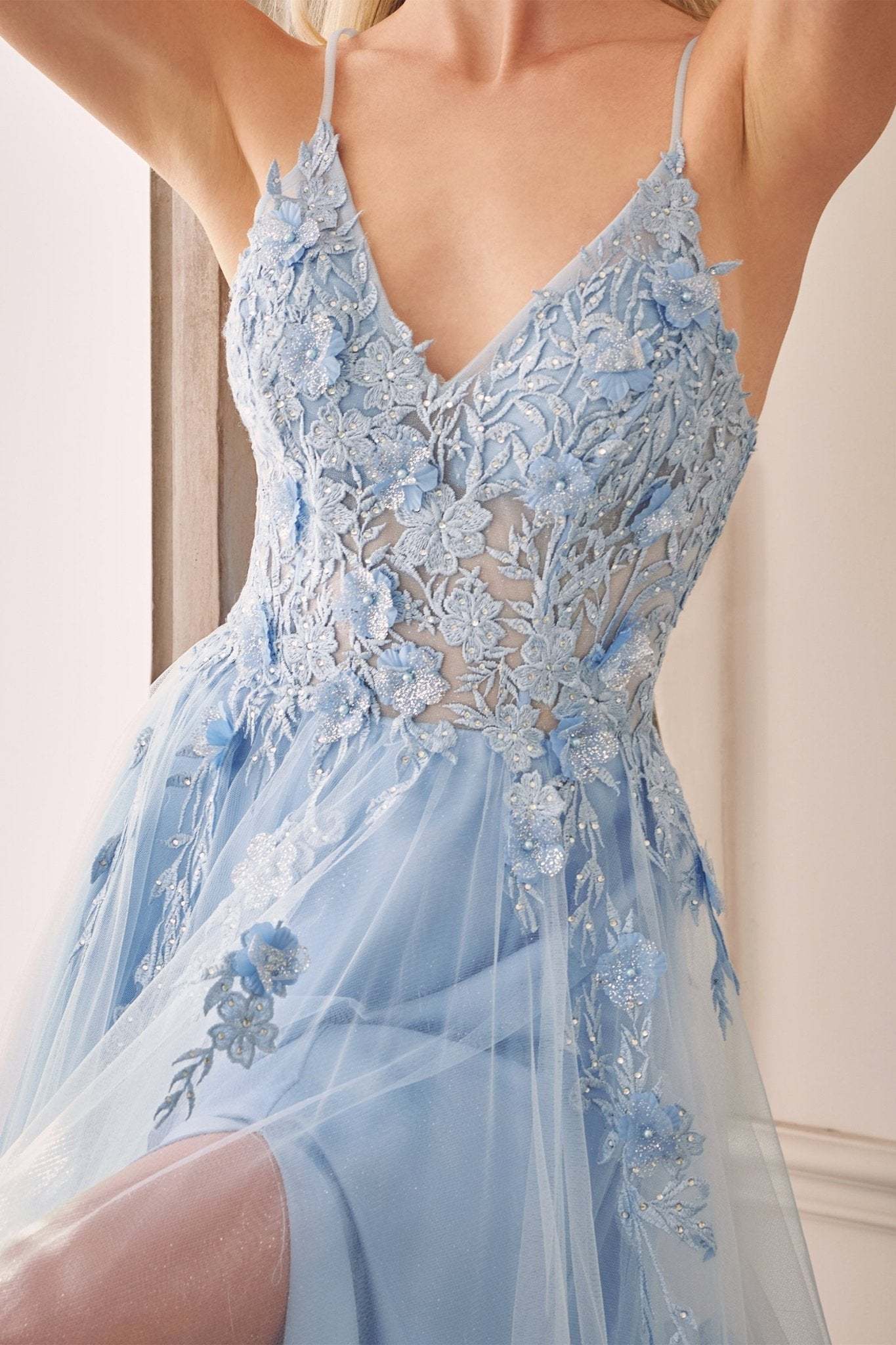 Stunning A-Line V-Neck Thin Straps Lace 3D Floral Applique Gown #A1191