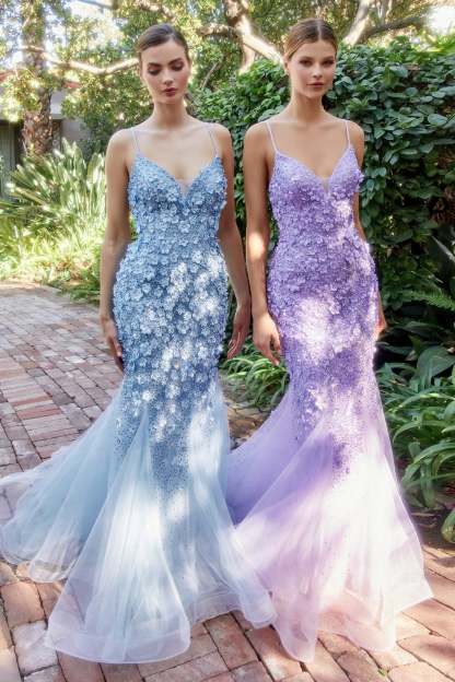 Fitted Chromatic 3d Florals Tulle Mermaid Gown #A1201