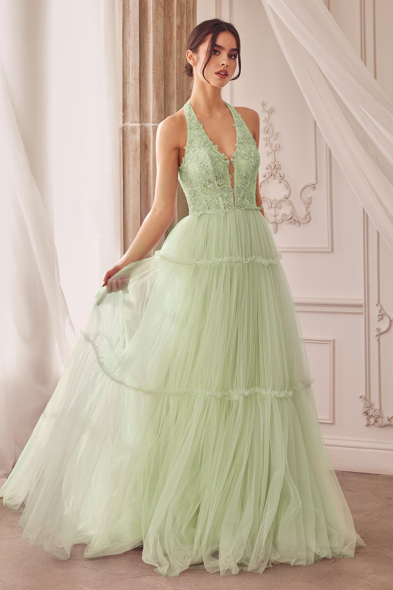 Romantic Garden Lace Layered Halter Gown W Tier Skirt #A1206